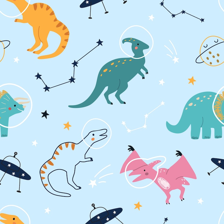 Patrón sin fisuras con dinosaurios de dibujos animados lindo en el espacio sobre un fondo azul Ilustración vectorial