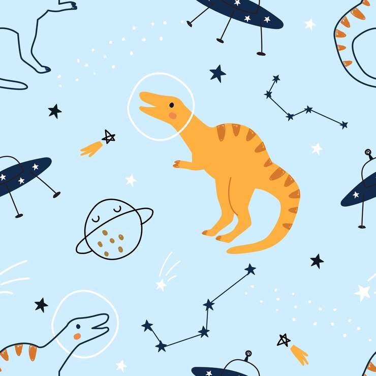 Patrón sin fisuras con dinosaurios de dibujos animados lindo en el espacio sobre un fondo azul Ilustración vectorial