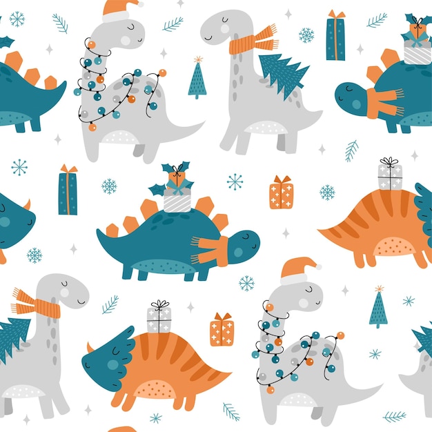 Patrón sin fisuras con dinosaurios de Navidad Lindos dinosaurios con regalos y sombreros de Santa vector