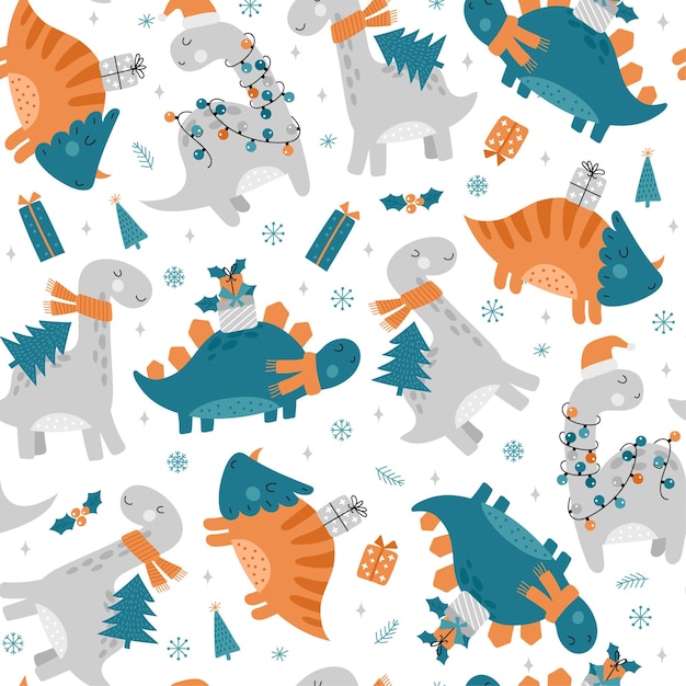 Patrón sin fisuras con dinosaurios de Navidad Lindos dinosaurios con regalos y sombreros de Santa vector