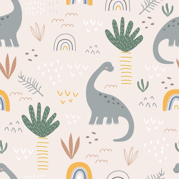 Patrón sin fisuras con dinosaurios y palmeras sobre un fondo de color Ilustración vectorial