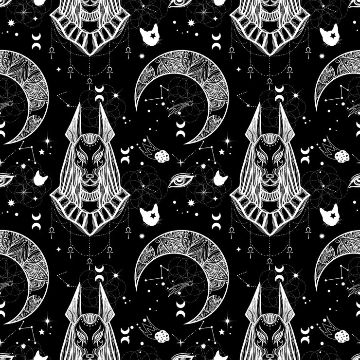 Vector patrón sin fisuras del dios egipcio anubis luna estrellas ojos y constelaciones