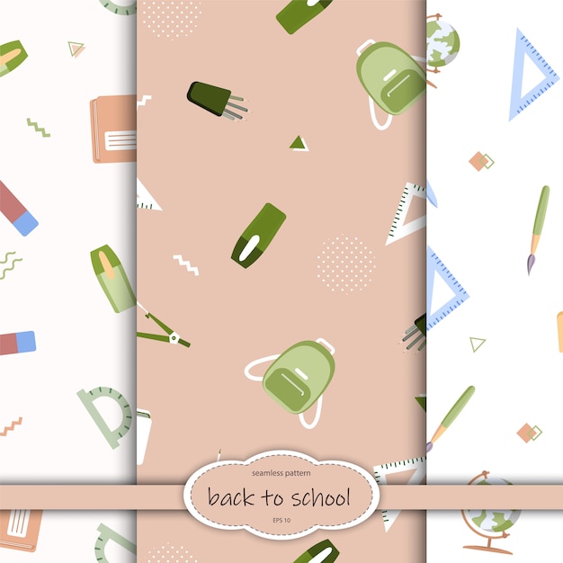 Patrón sin fisuras con diversos útiles escolares sobre un fondo blanco. ilustración de estilo plano.