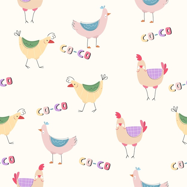 Patrón sin fisuras con divertidos dibujos animados dibujados a mano coloridos pollos Vector fondo