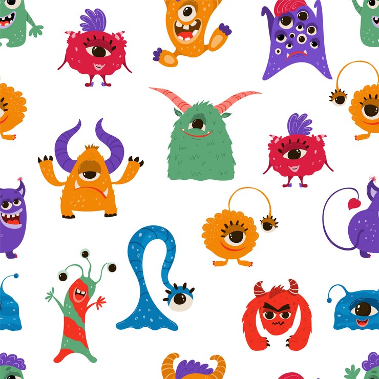 Vector patrón sin fisuras con divertidos monstruos en estilo de dibujos animados.