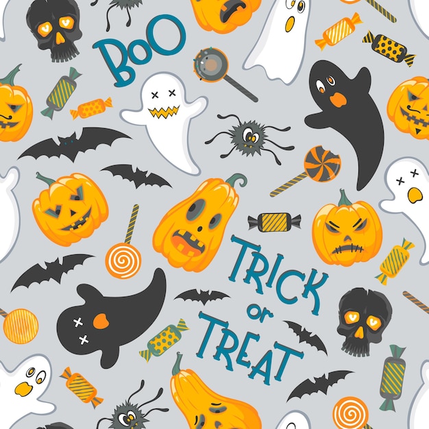 Vector patrón sin fisuras con divertidos personajes de halloween letras y dulces