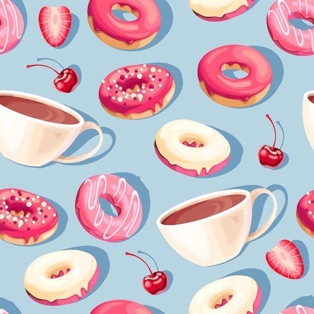 Patrón sin fisuras con donas glaseadas de alto detalle y tazas de café sobre fondo azul.