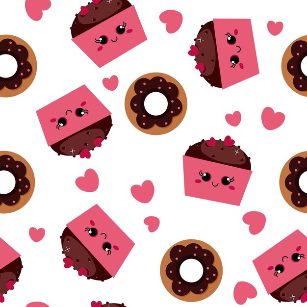 Patrón sin fisuras de donuts y corazones de panqueques de chocolate