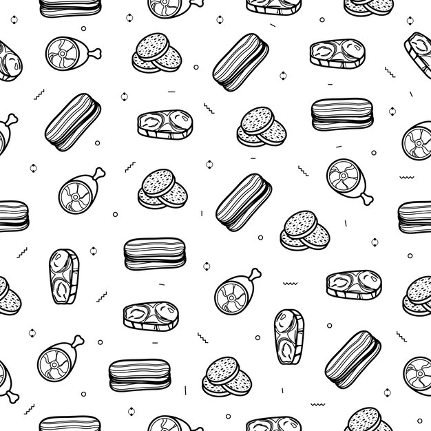 Patrón sin fisuras de Doodle abstracto, elementos de comida de carnicero de carne dibujados a mano. Fondo de diseño vectorial