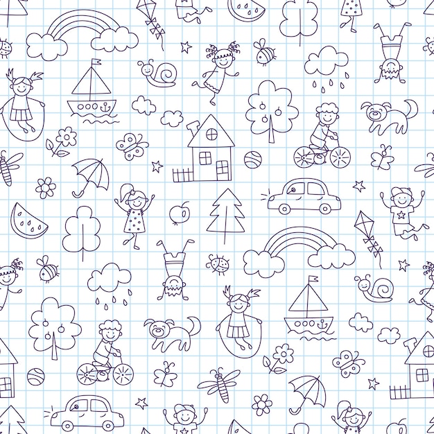 Patrón sin fisuras con doodle niños, casa, verano, sol. Los niños pequeños divertidos dibujados a mano juegan, corren y saltan. Niños lindos dibujando. Ilustración de vector de estilo doodle sobre fondo de cuaderno cuadrado.
