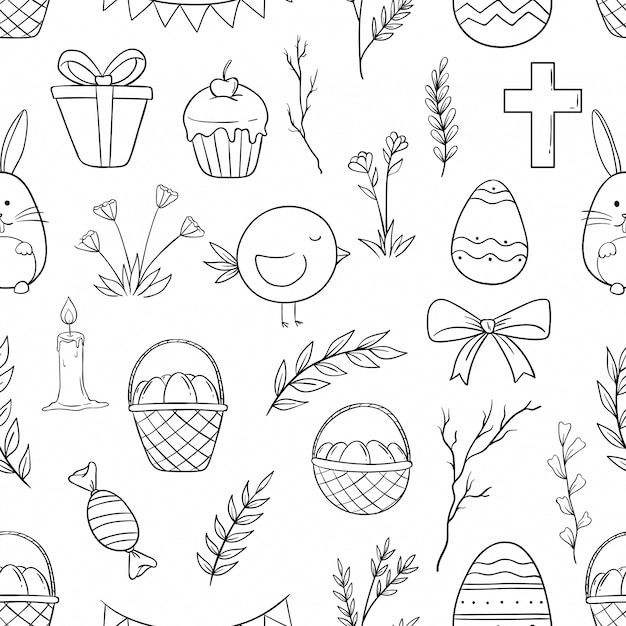 Patrón sin fisuras de doodle pascua con estilo doodle dibujado a mano