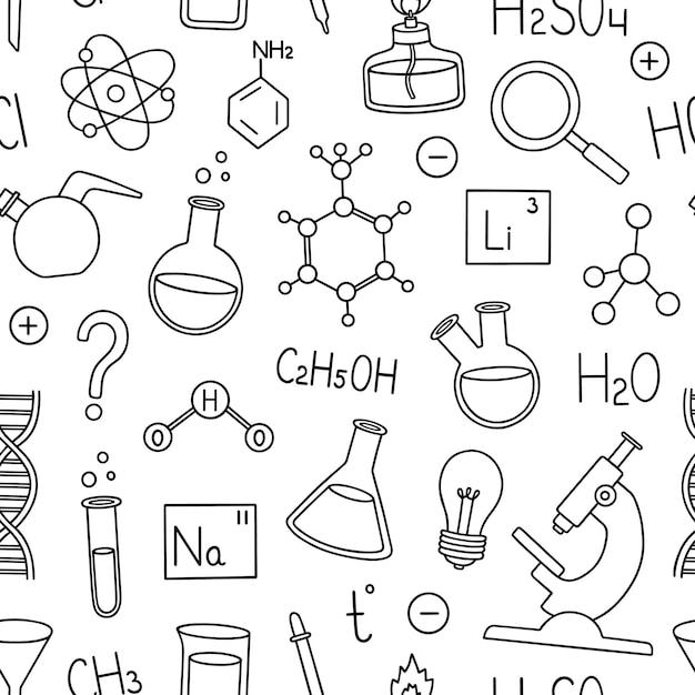 Vector patrón sin fisuras de doodle de química equipo de laboratorio químico en estilo boceto