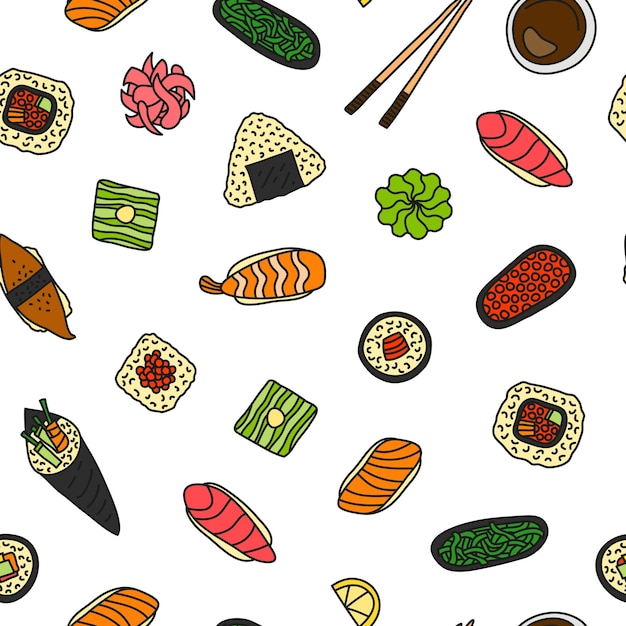 Patrón sin fisuras con doodle sushi y rollos