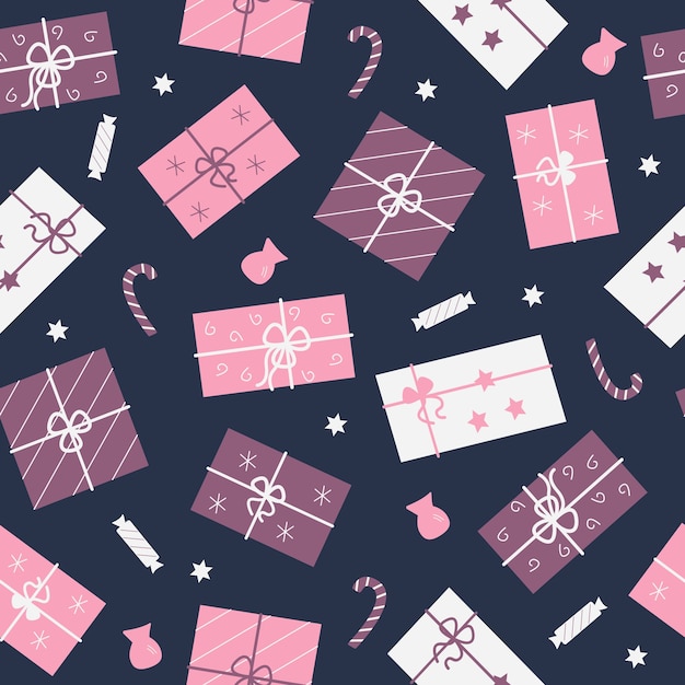 Patrón sin fisuras de dulces y cajas de regalo festivas