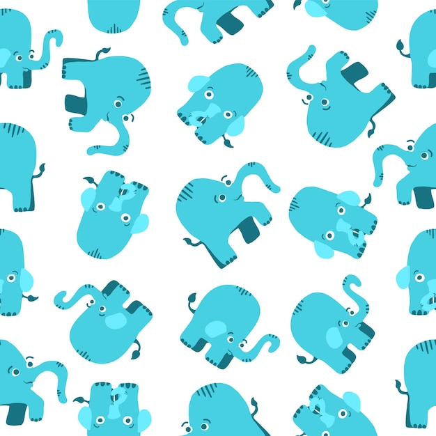 Patrón sin fisuras de elefantes azules en estilo plano de dibujos animados