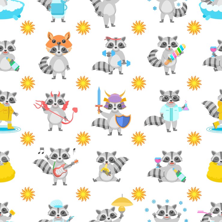 Vector patrón sin fisuras elementos abstractos animal mapache fauna vector diseño estilo fondo
