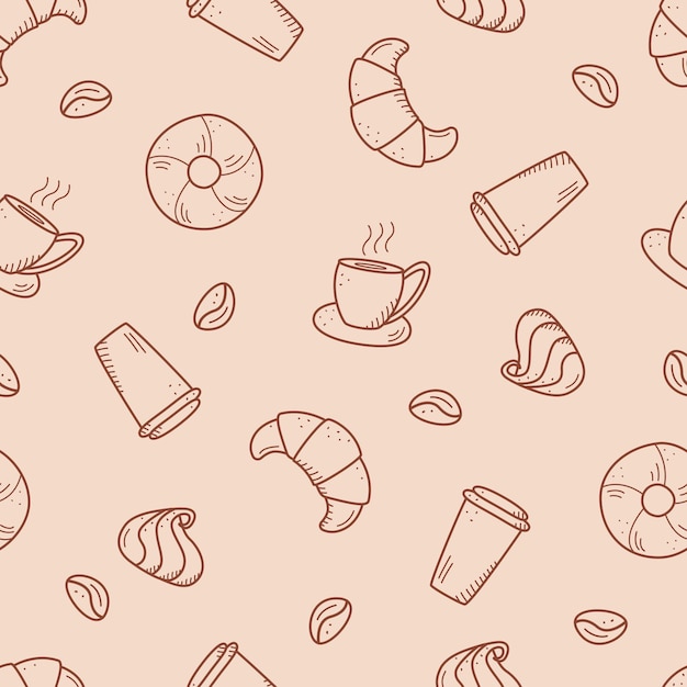 Patrón sin fisuras con elementos de café y postre. Fondo de vector de concepto de café y pasteles dulces.