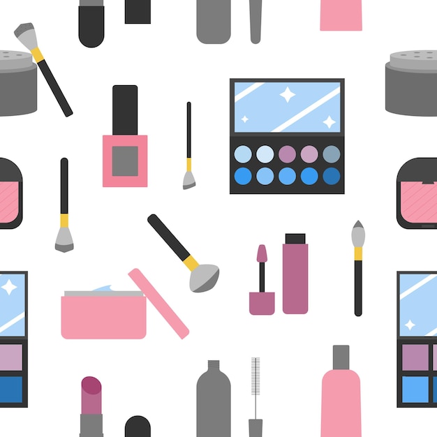 Patrón sin fisuras con elementos de cosmética. Cosméticos para maquillaje. estilo plano. ilustración vectorial