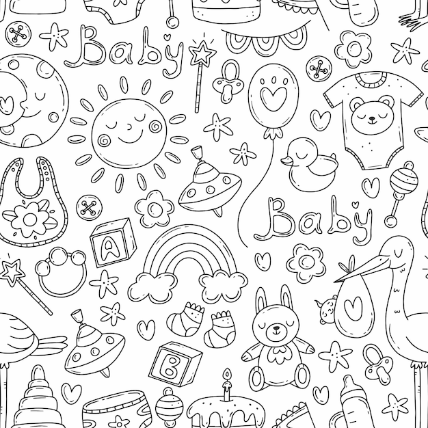 Patrón sin fisuras con elementos de doodle nacimiento de un niño bebé estampado con elementos lindos