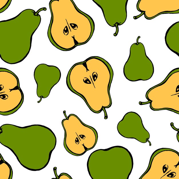 Patrón sin fisuras con elementos de frutas dibujados a mano pera. Papel pintado vegetariano. Para diseño de packaging, textil, fondo, diseño de postales y carteles.