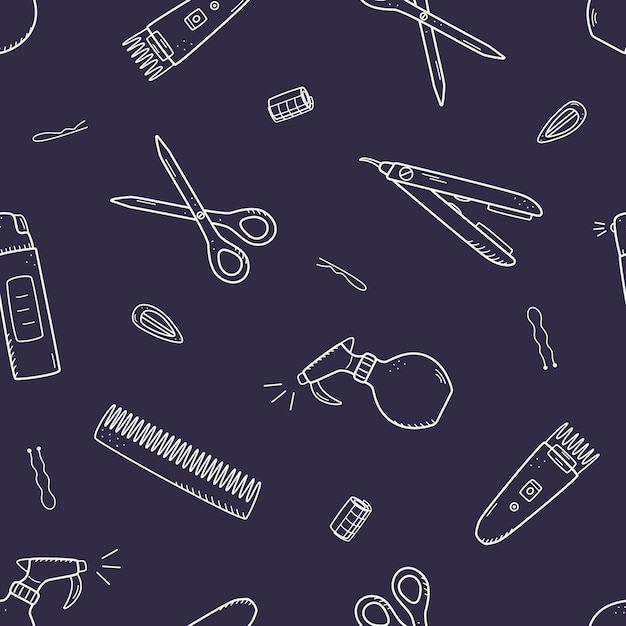 Patrón sin fisuras de elementos de peluquería. Ilustración de vector de fondo de los iconos de doodle, papel tapiz. El concepto de peluquería y salón de belleza.