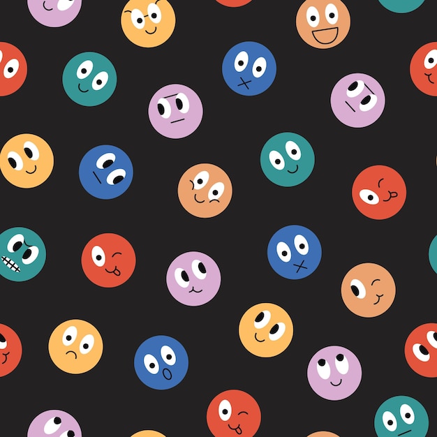 Patrón sin fisuras de emociones coloridas caras de sonrisa de círculo lindo sobre fondo negro