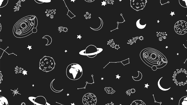 Patrón sin fisuras de espacio. Estrellas luna planetas. Galaxy transparente, fondo del universo del doodle. Espacio galaxia, universo de doodle de astronomía