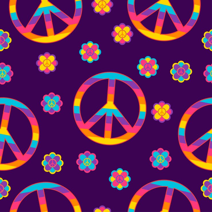Vector patrón sin fisuras en estilo hippie con flores símbolos de paz en colores del arco iris sobre fondo oscuro