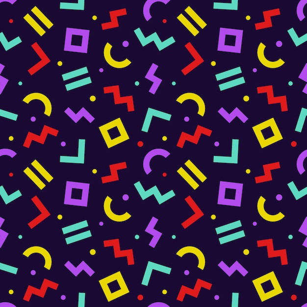 Patrón sin fisuras del estilo de Memphis. Fondo colorido de formas geométricas orientadas caóticamente. Diseño de portada abstracta.