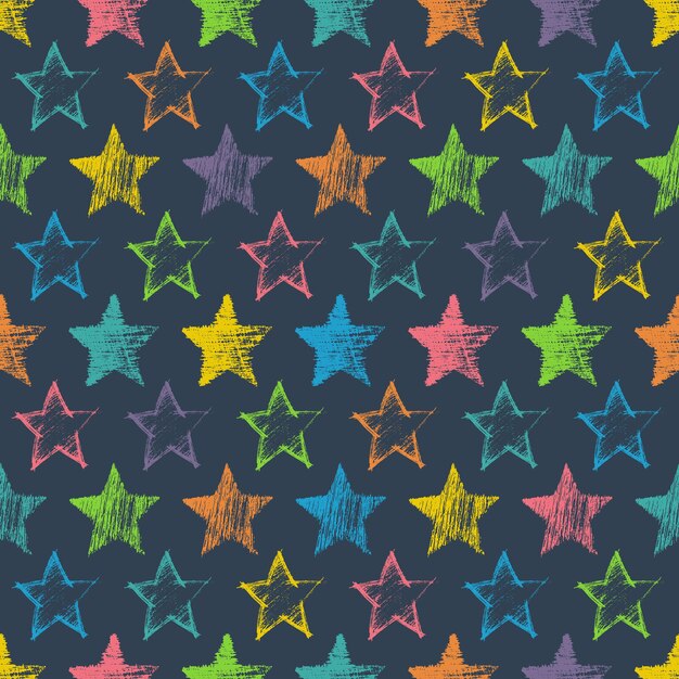 Patrón sin fisuras con estrellas azules dibujadas a mano sobre fondo azul. Textura grunge abstracta. Ilustración vectorial