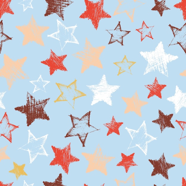 Patrón sin fisuras con estrellas azules dibujadas a mano sobre fondo azul. Textura grunge abstracta. Ilustración vectorial