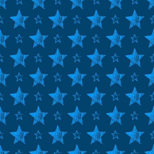 Patrón sin fisuras con estrellas azules dibujadas a mano sobre fondo azul. Textura grunge abstracta. Ilustración vectorial