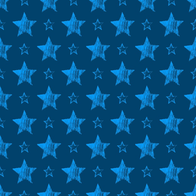 Vector patrón sin fisuras con estrellas azules dibujadas a mano sobre fondo azul. textura grunge abstracta. ilustración vectorial