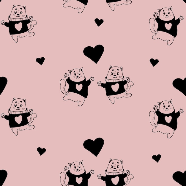 Patrón sin fisuras felino romántico Lindos gatos enamorados con corazones sobre fondo rosa claro
