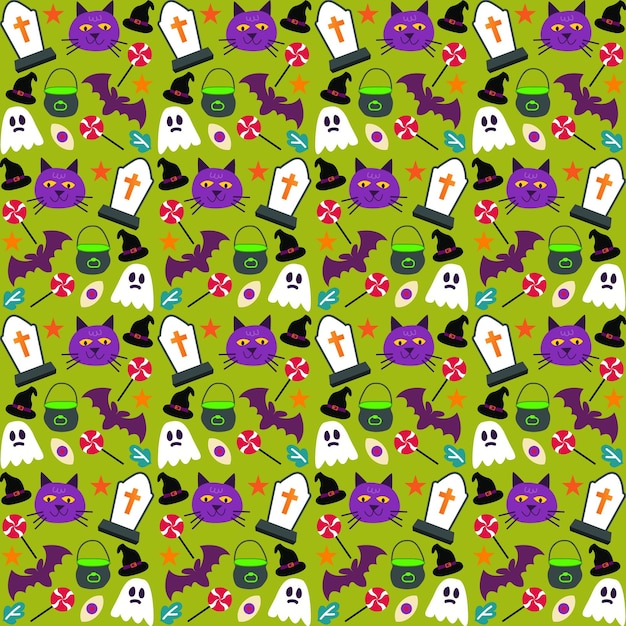 Vector patrón sin fisuras festivo de halloween. fondo interminable con calabazas, calaveras, murciélagos, arañas,