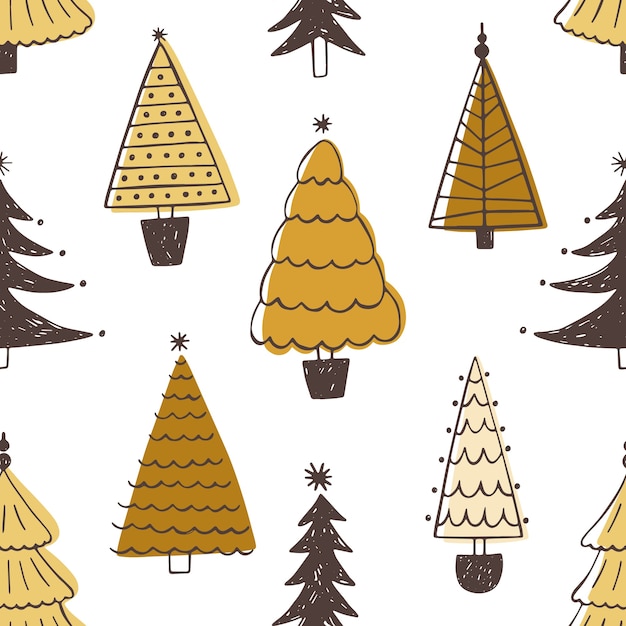 Patrón sin fisuras festivo con varios árboles de Navidad, abetos o piceas.