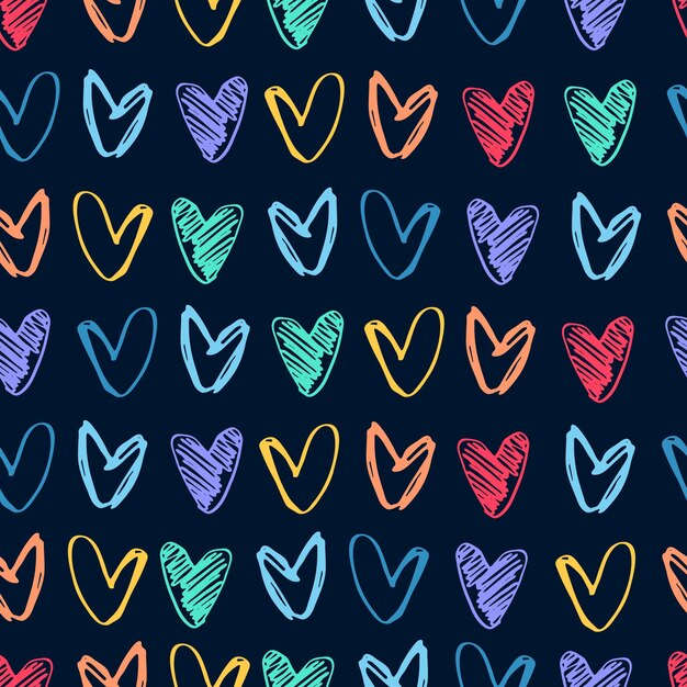 Patrón sin fisuras con filas de formas de corazón multicolor dibujadas a mano sobre fondo negro para papel de regalo y otros proyectos de diseño Amor romance Concepto del día de San Valentín