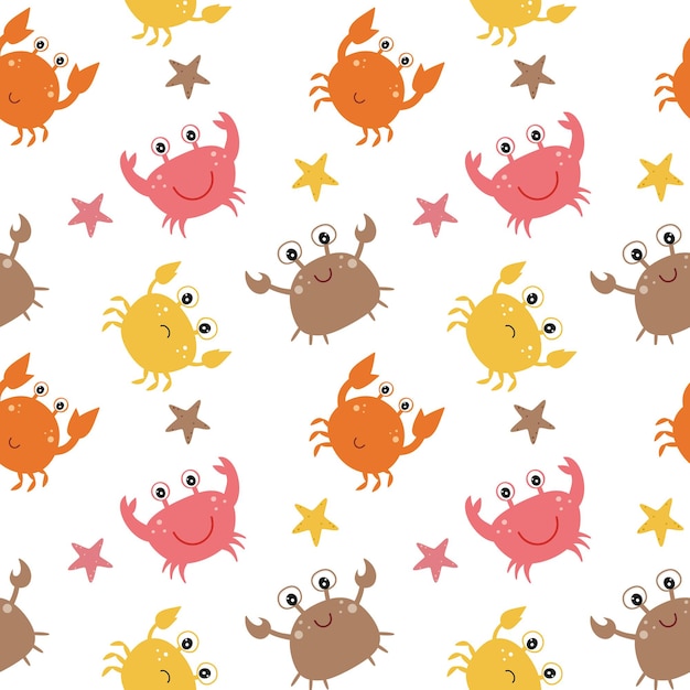 Patrón sin fisuras sin fin de los niños. Cangrejos y estrellas de mar divertidos y tristes. Textura de fondo para coser ropa, textiles, papel tapiz en la habitación de los niños.