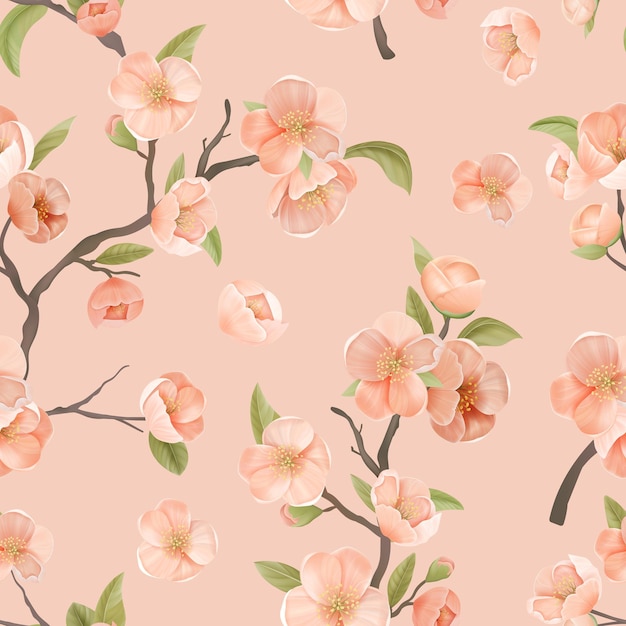 Patrón sin fisuras de flor de cerezo con flores y hojas sobre fondo de color rosa. Decoración de papel tapiz o papel de regalo, adorno textil, decoración de Sakura floreciente para arte de tela. Ilustración vectorial