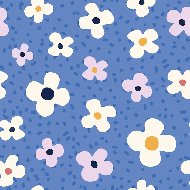 Patrón sin fisuras con flores abstractas sobre un fondo azul en orden aleatorio