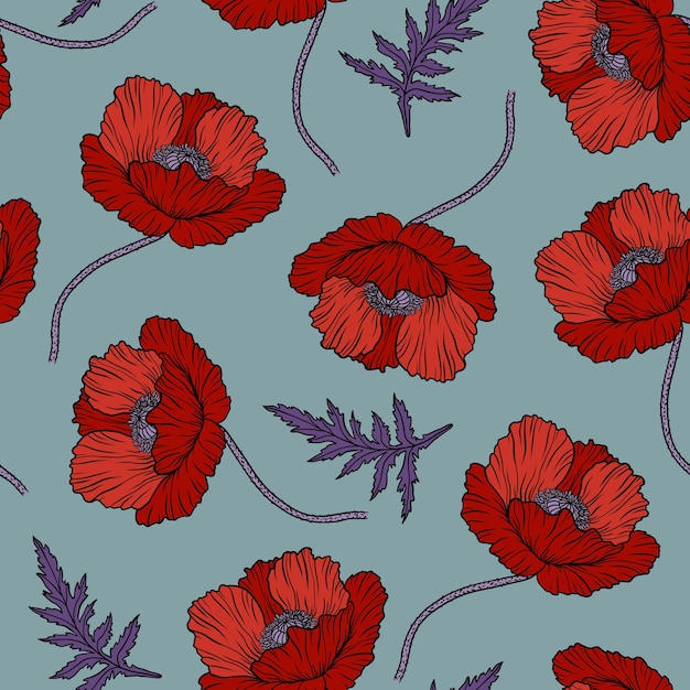 Patrón sin fisuras con flores de amapola roja Papaver Dibujado a mano línea arte dibujo vector ilustración Fondo de verano elegante adornado Decoración para el día de Anzac Textura sin fin para embalaje de moda textil