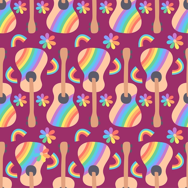 Patrón sin fisuras de flores, arco iris y guitarra hippie. patrón feliz abstracto colorido.