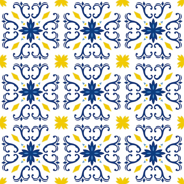 Patrón sin fisuras con flores azules y amarillas sobre un fondo blanco. ilustración de stock