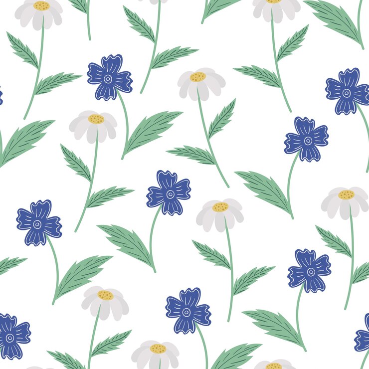 Patrón sin fisuras con flores azules y blancas sobre un fondo blanco.