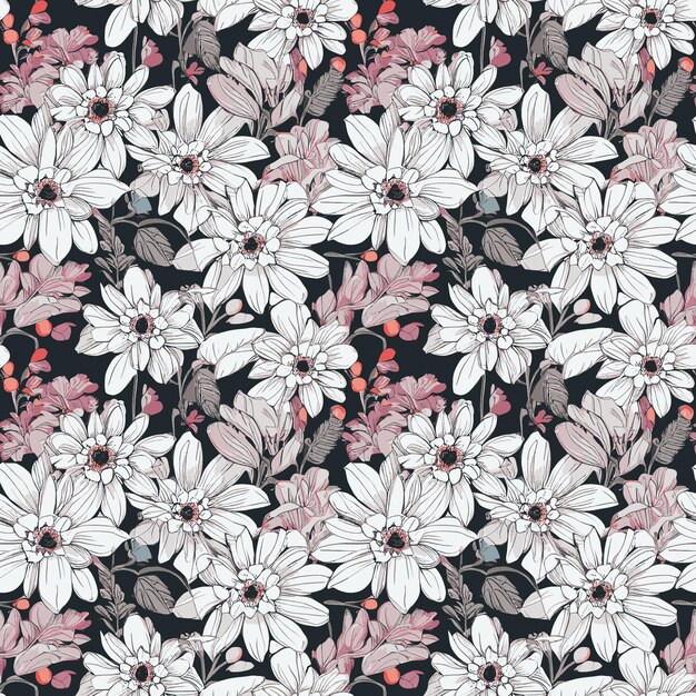 Patrón sin fisuras con flores blancas y rosas sobre un fondo negro