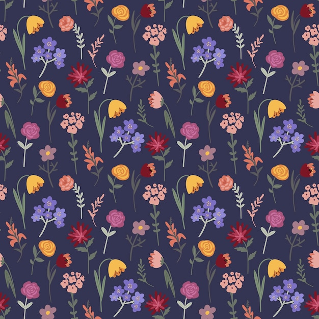 patrón sin fisuras con flores de colores sobre un fondo oscuro