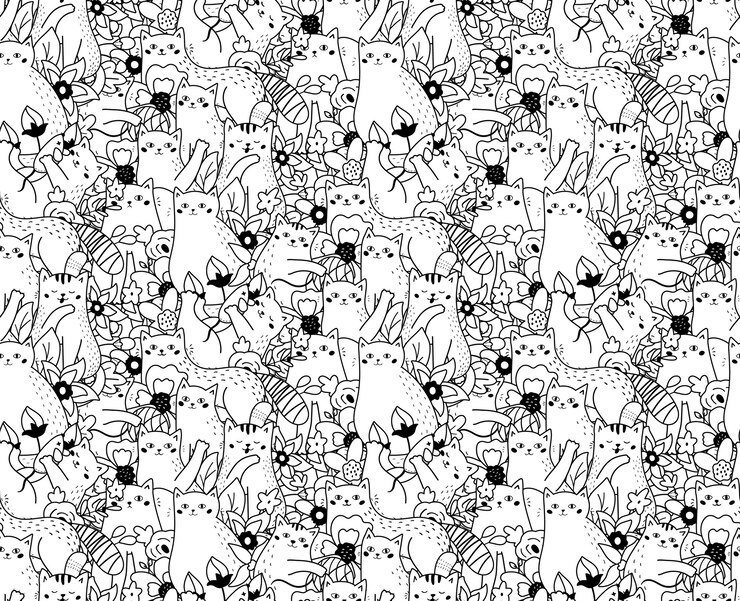 Vector patrón sin fisuras con flores y gatos divertidos doodle