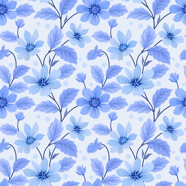 Patrón sin fisuras con flores y hojas azules monocromáticas