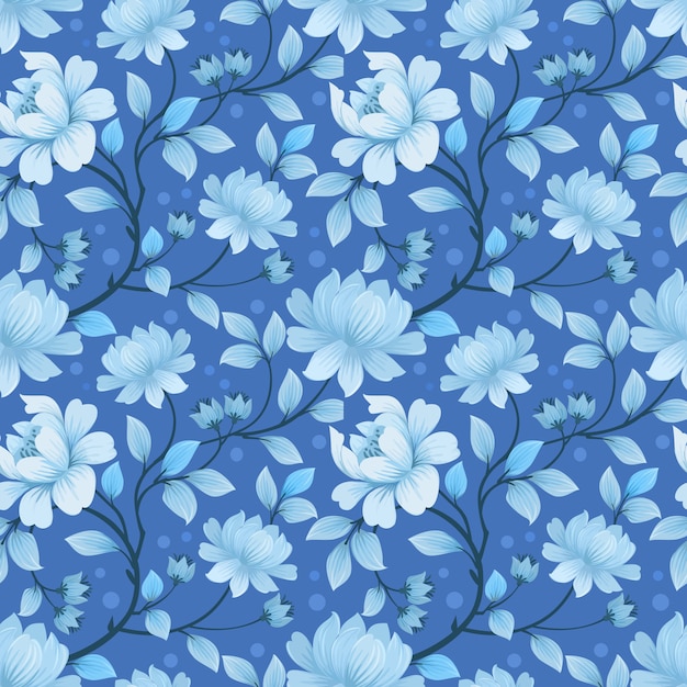 Patrón sin fisuras con flores y hojas azules monocromáticas