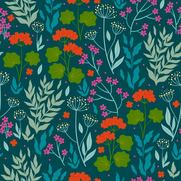 Patrón sin fisuras con flores y hojas. Gráficos vectoriales.